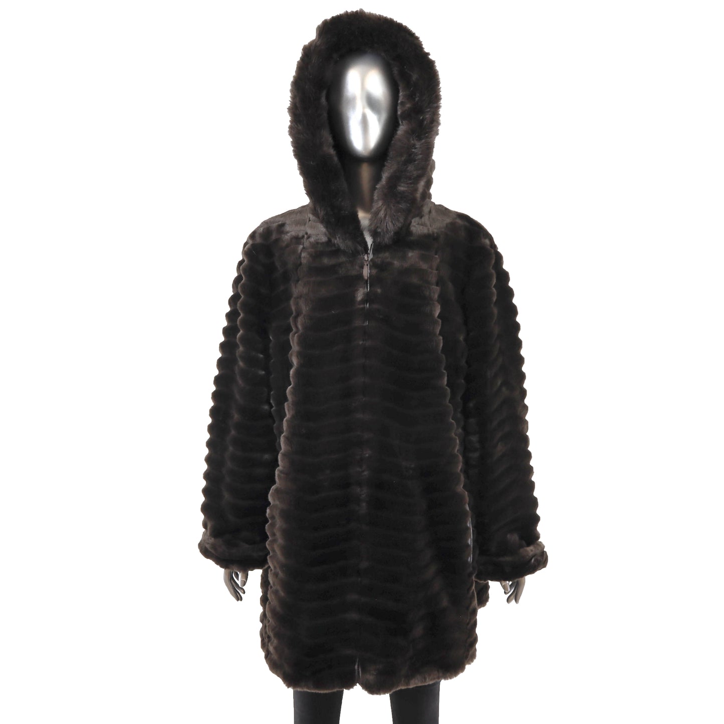 Brown Hooded Faux Fur Jacket- Size XL