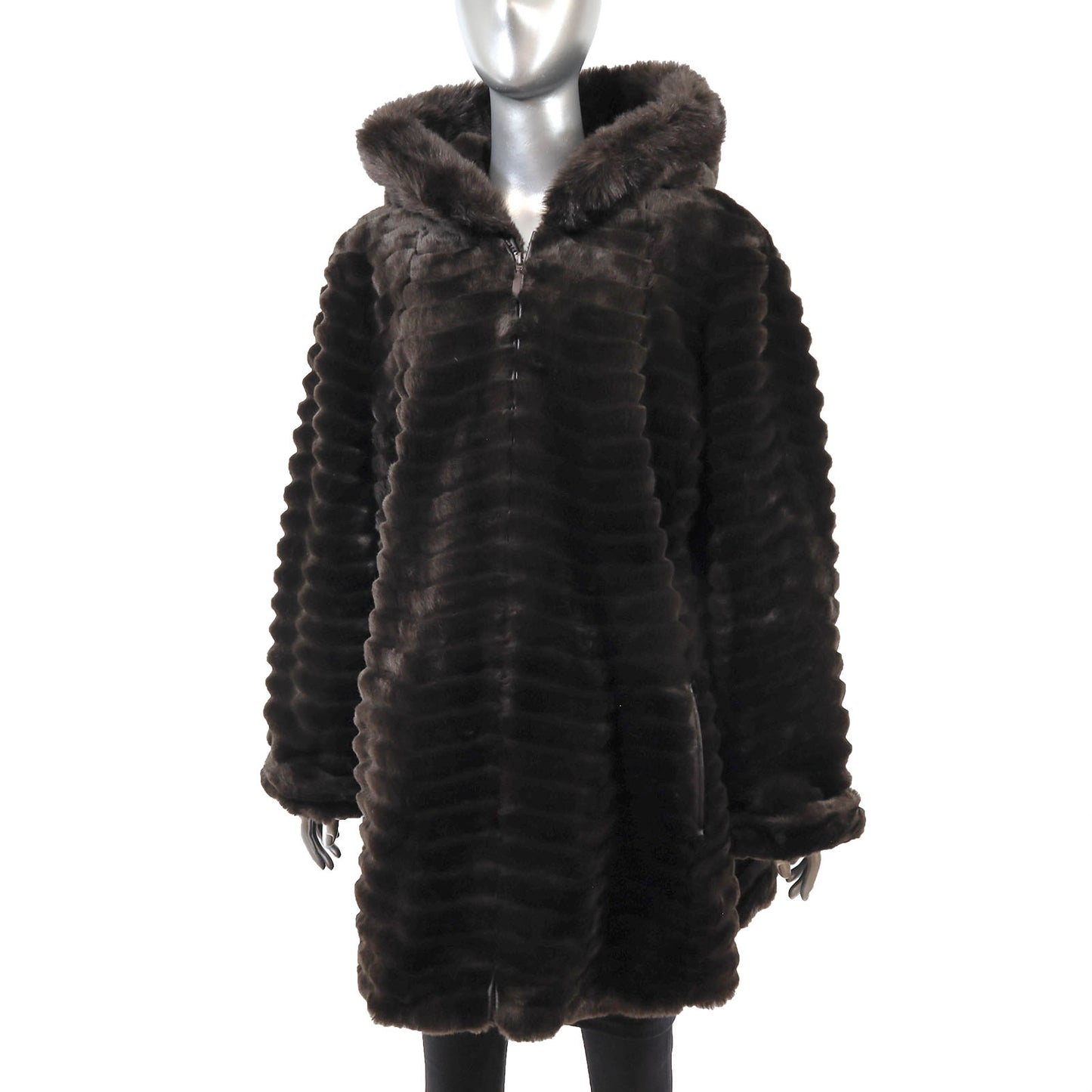 Brown Hooded Faux Fur Jacket- Size XL
