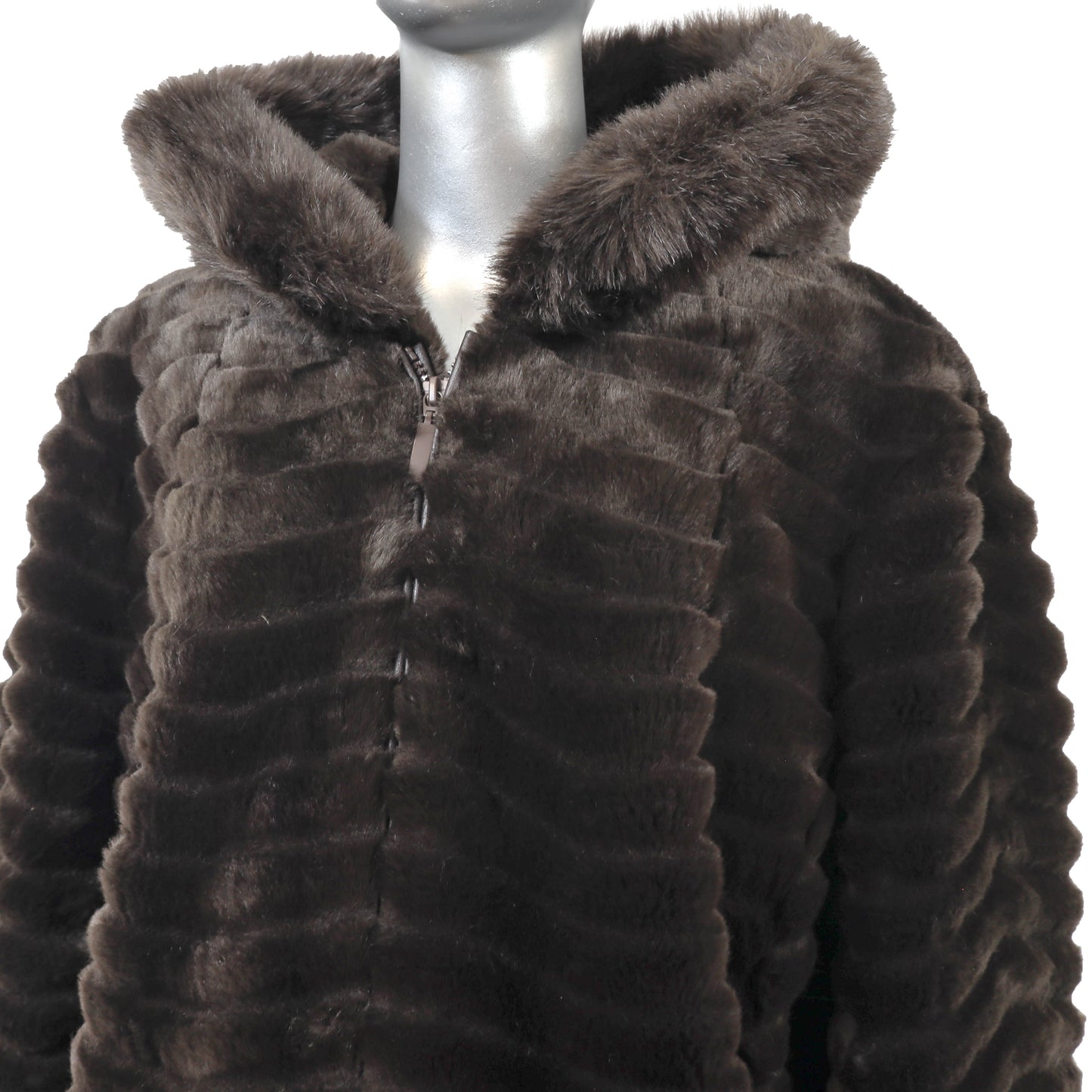 Brown Hooded Faux Fur Jacket- Size XL