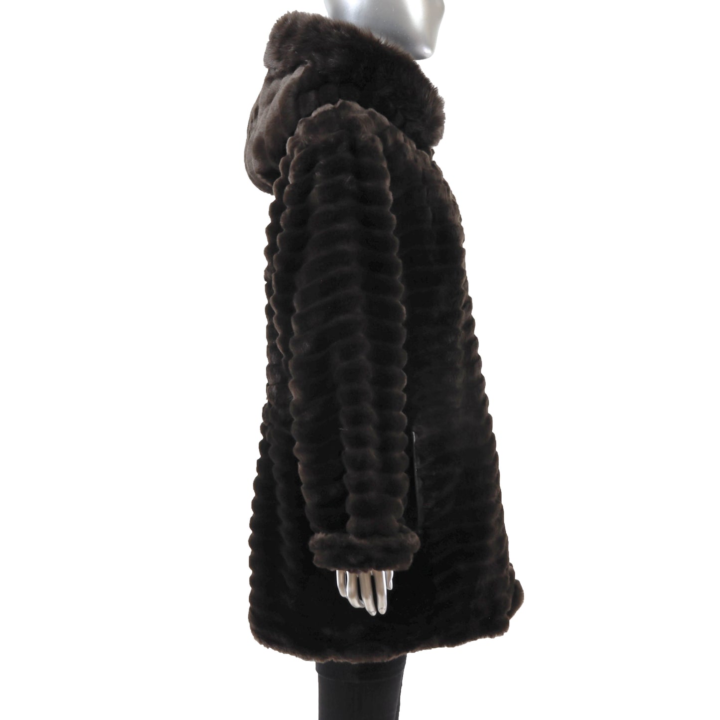 Brown Hooded Faux Fur Jacket- Size XL