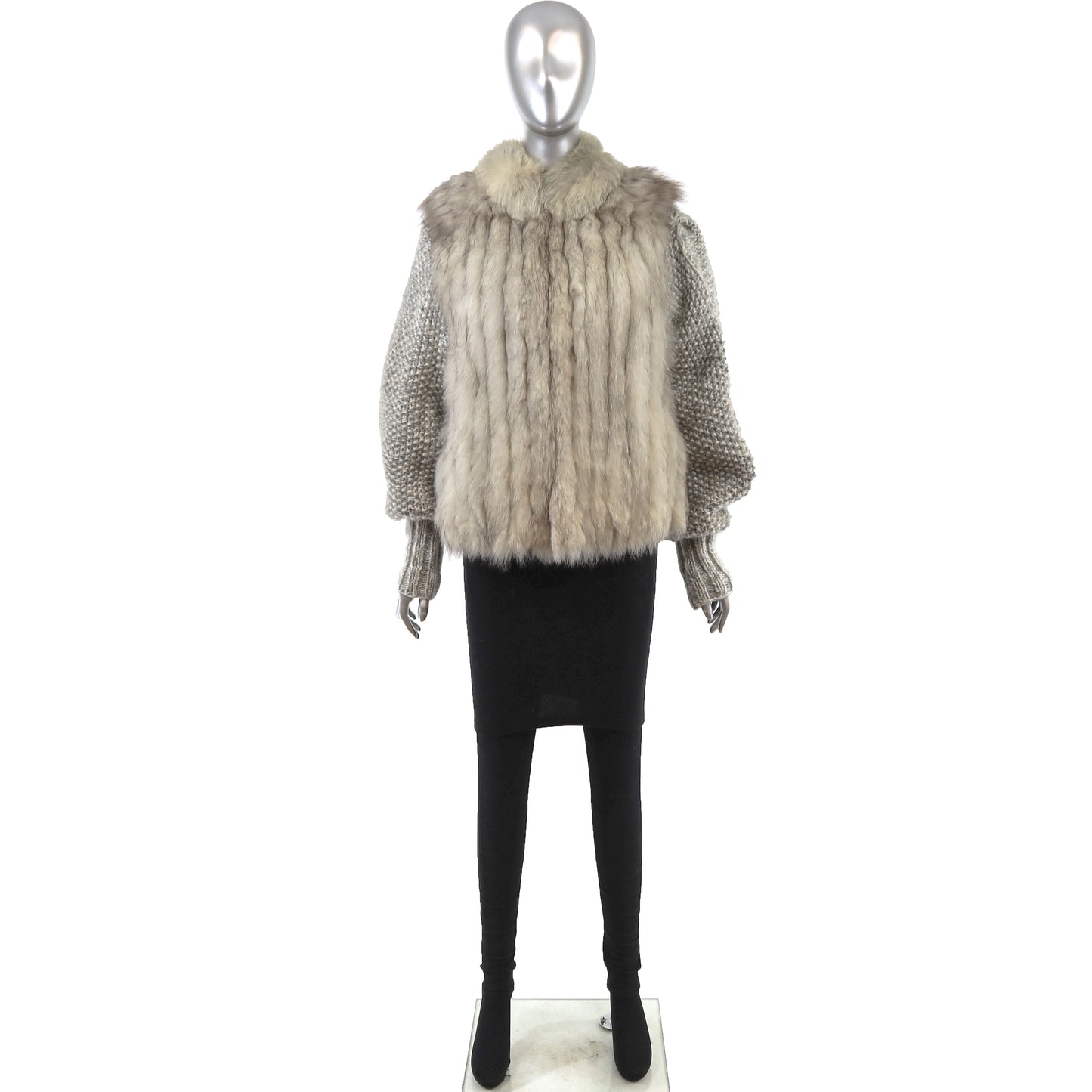Blue Fox Jacket with Detachable Knitted Sleeves- Size S