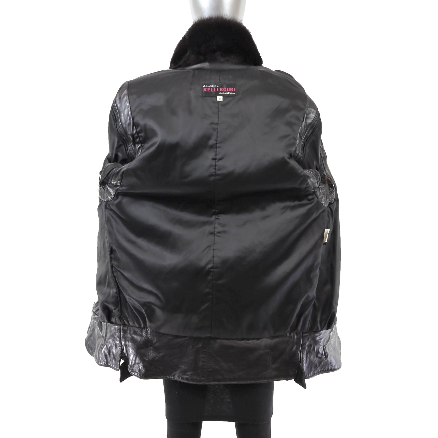 Black Fox and Leather Jacket with Detachable Sleeves- Size S