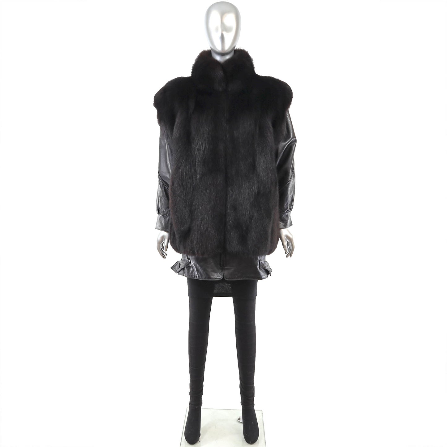 Black Fox and Leather Jacket with Detachable Sleeves- Size S