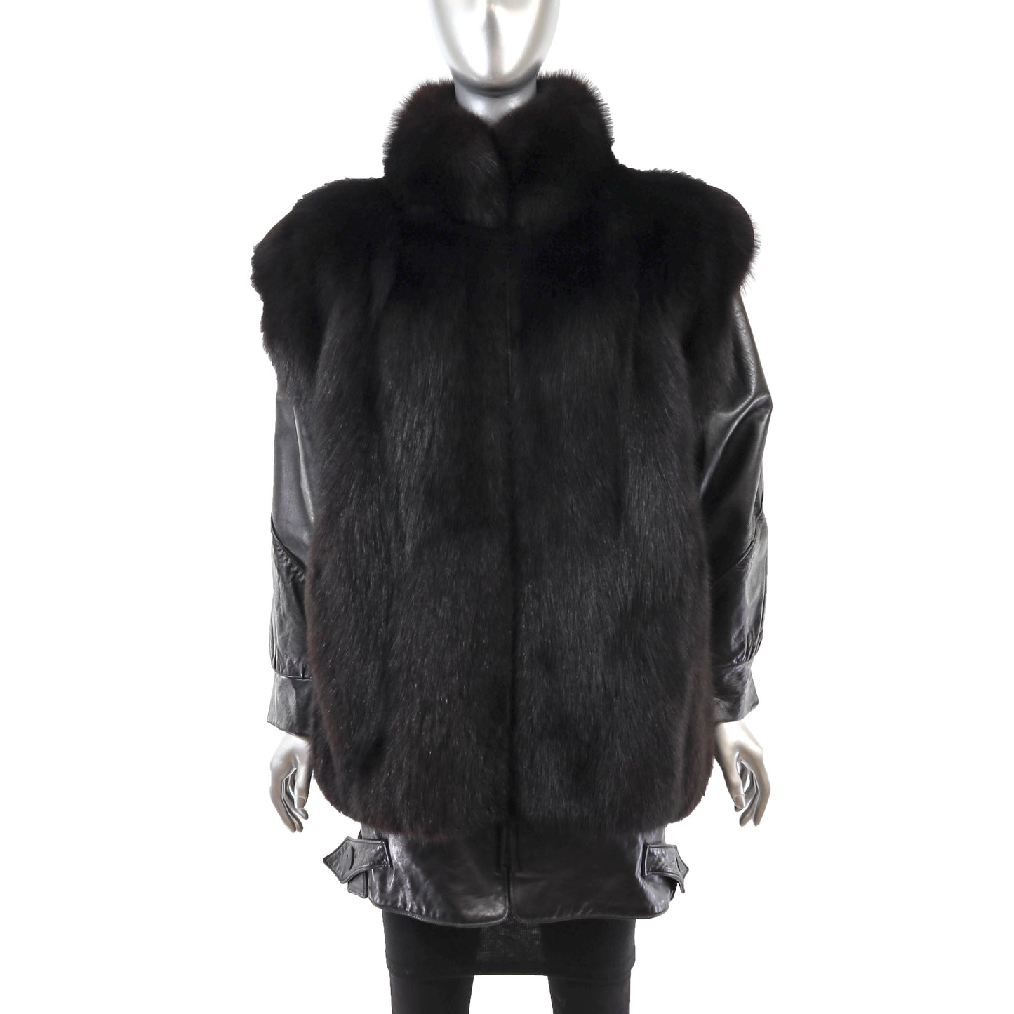 Black Fox and Leather Jacket with Detachable Sleeves- Size S
