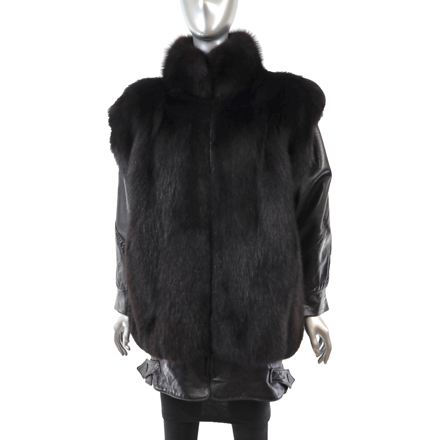 Black Fox and Leather Jacket with Detachable Sleeves- Size S