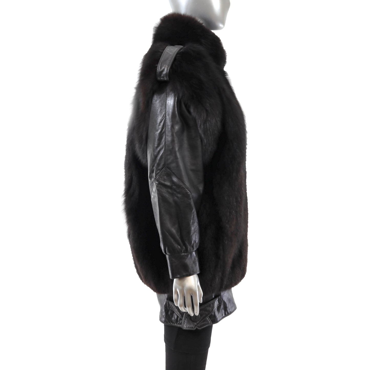 Black Fox and Leather Jacket with Detachable Sleeves- Size S