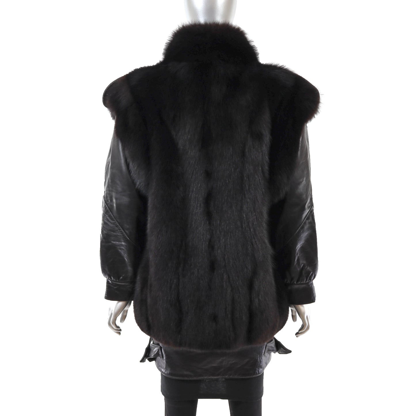 Black Fox and Leather Jacket with Detachable Sleeves- Size S