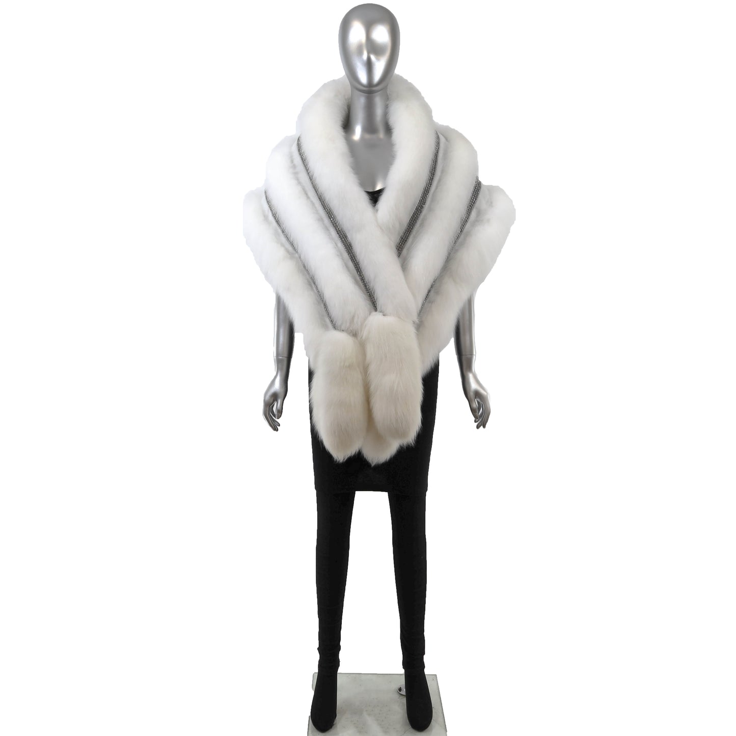 White Fox Stole with Crystals and Matching Headband- Size Free