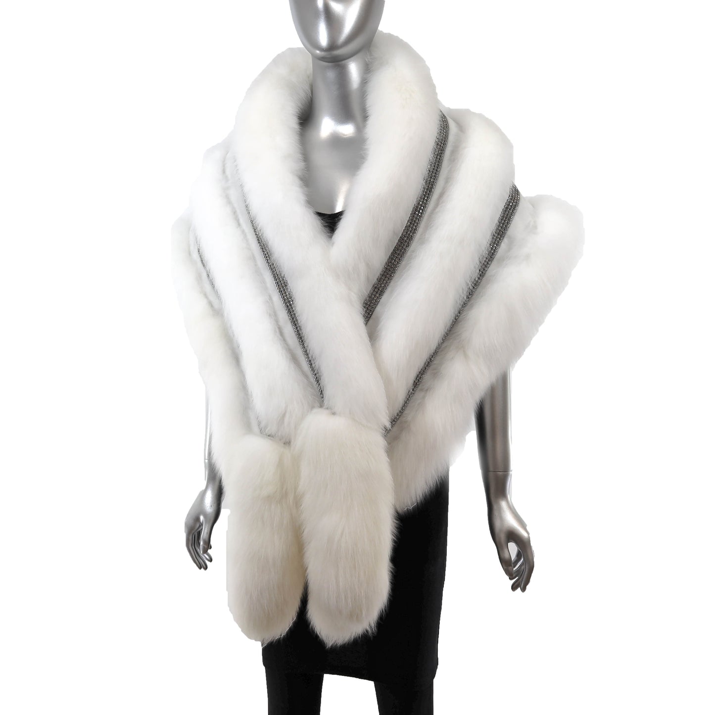 White Fox Stole with Crystals and Matching Headband- Size Free