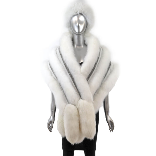 White Fox Stole with Crystals and Matching Headband- Size Free
