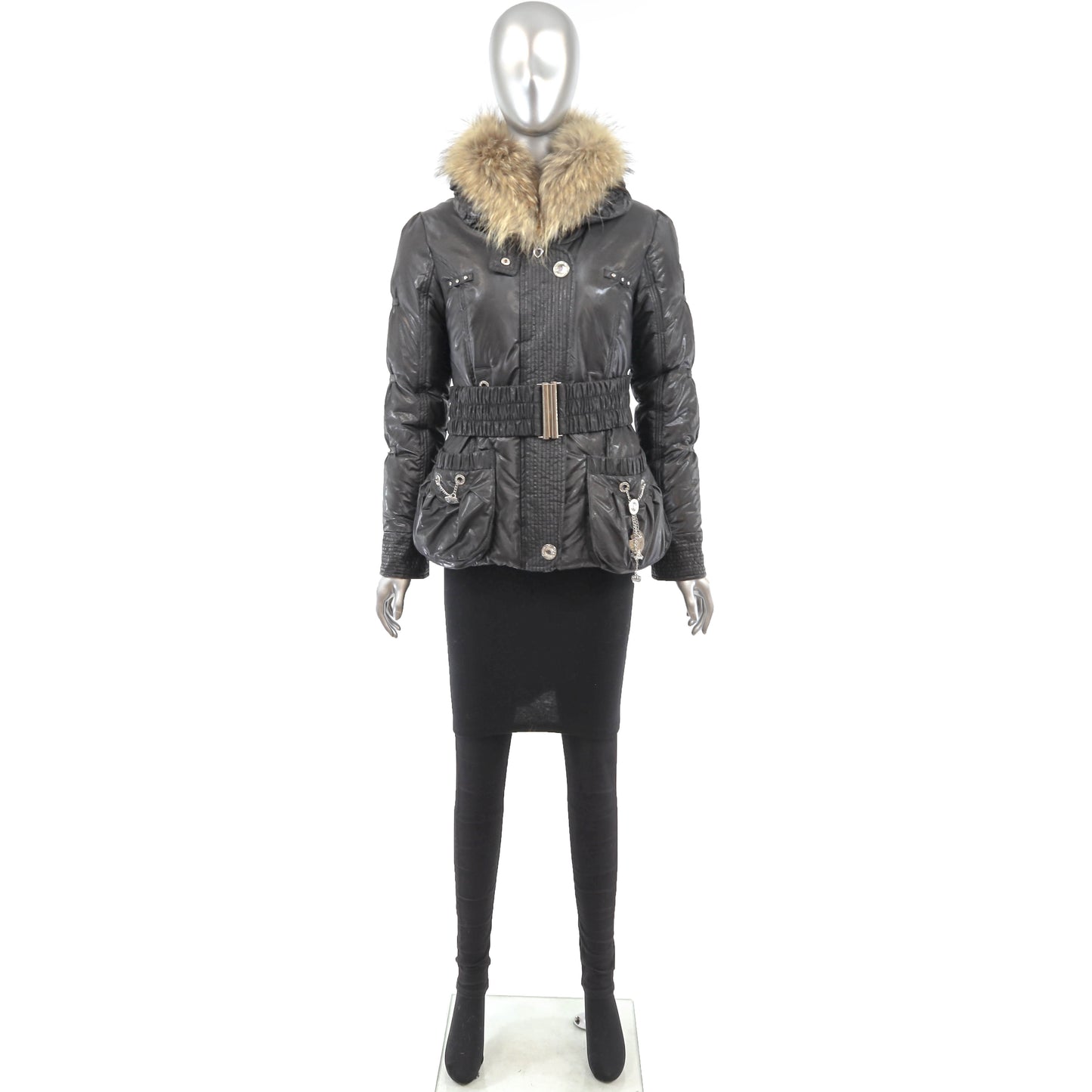 Black Jacket with Detachable Raccoon Collar- Size S