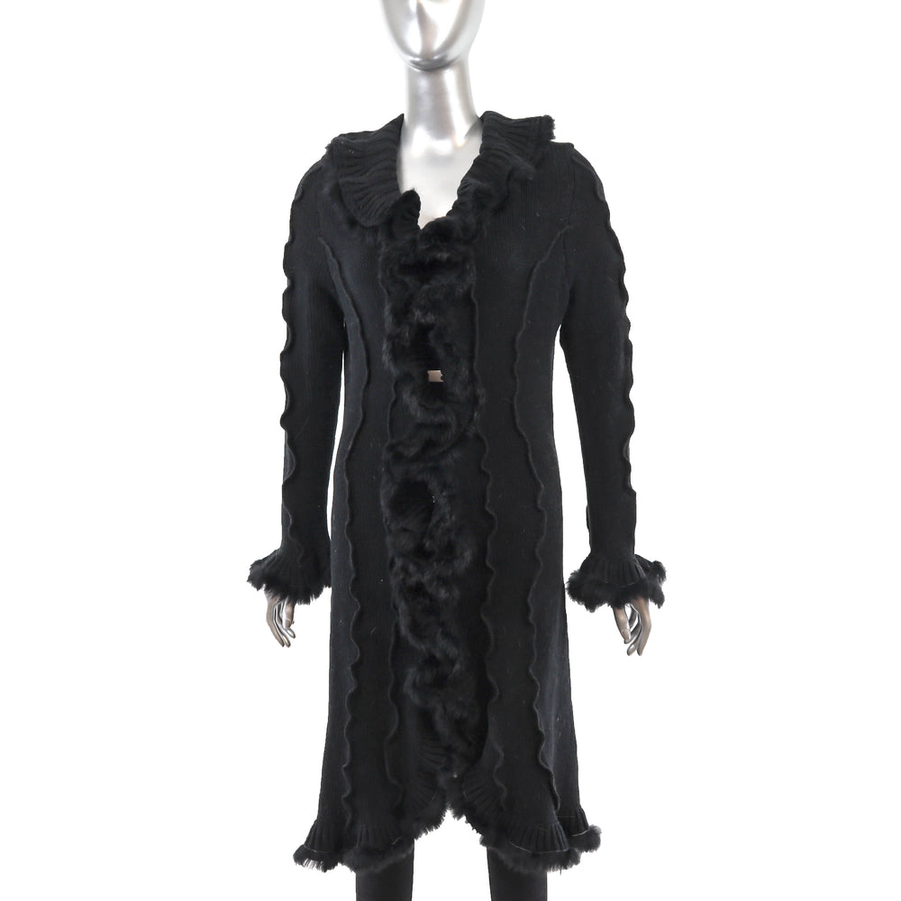 Black Knitted Coat with Rabbit Trim- Size M