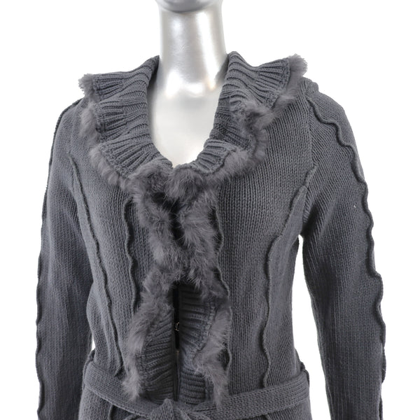 Grey Knitted Coat with Rabbit Trim- Size L-XL