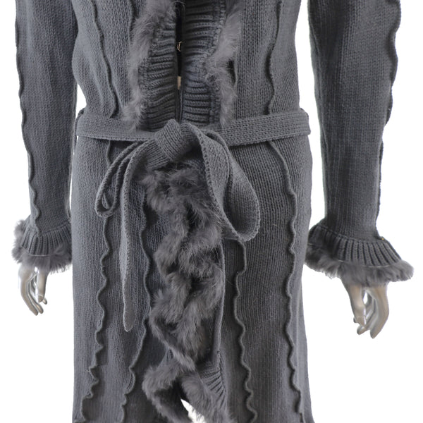 Grey Knitted Coat with Rabbit Trim- Size L-XL