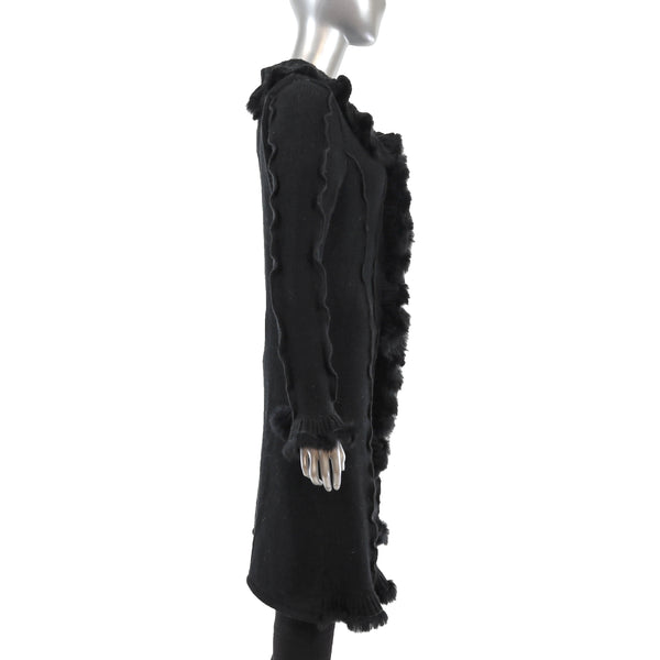 Black Knitted Coat with Rabbit Trim- Size M