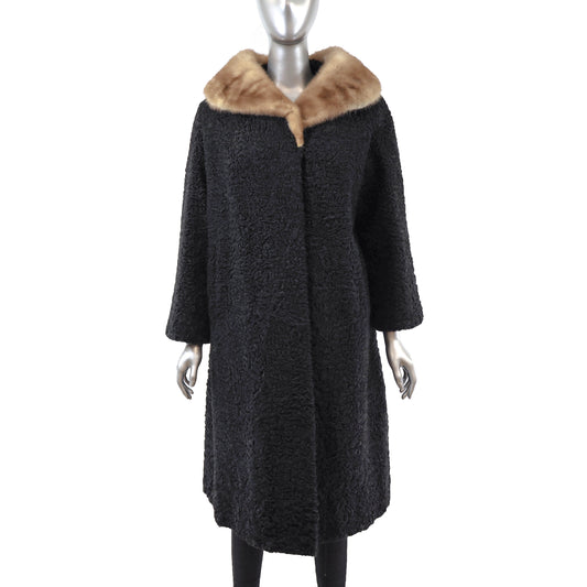 Black Persian Lamb Coat with Mink Collar- Size L