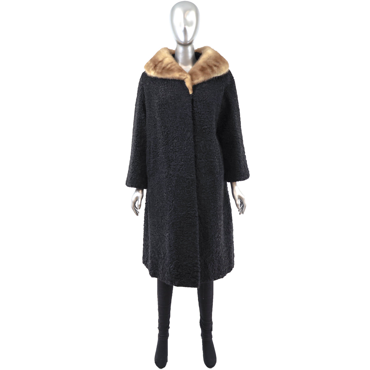 Black Persian Lamb Coat with Mink Collar- Size L