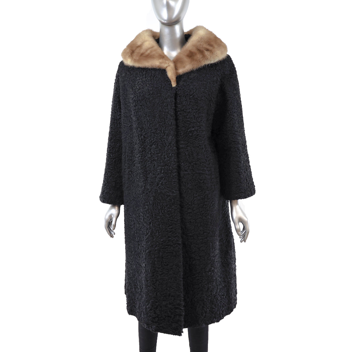 Black Persian Lamb Coat with Mink Collar- Size L