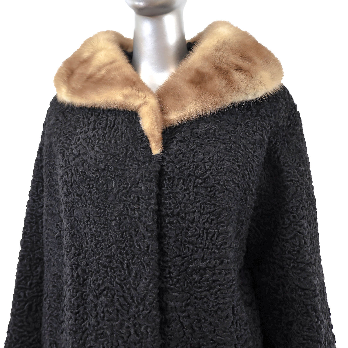 Black Persian Lamb Coat with Mink Collar- Size L