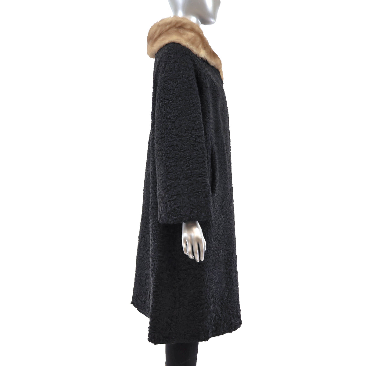 Black Persian Lamb Coat with Mink Collar- Size L