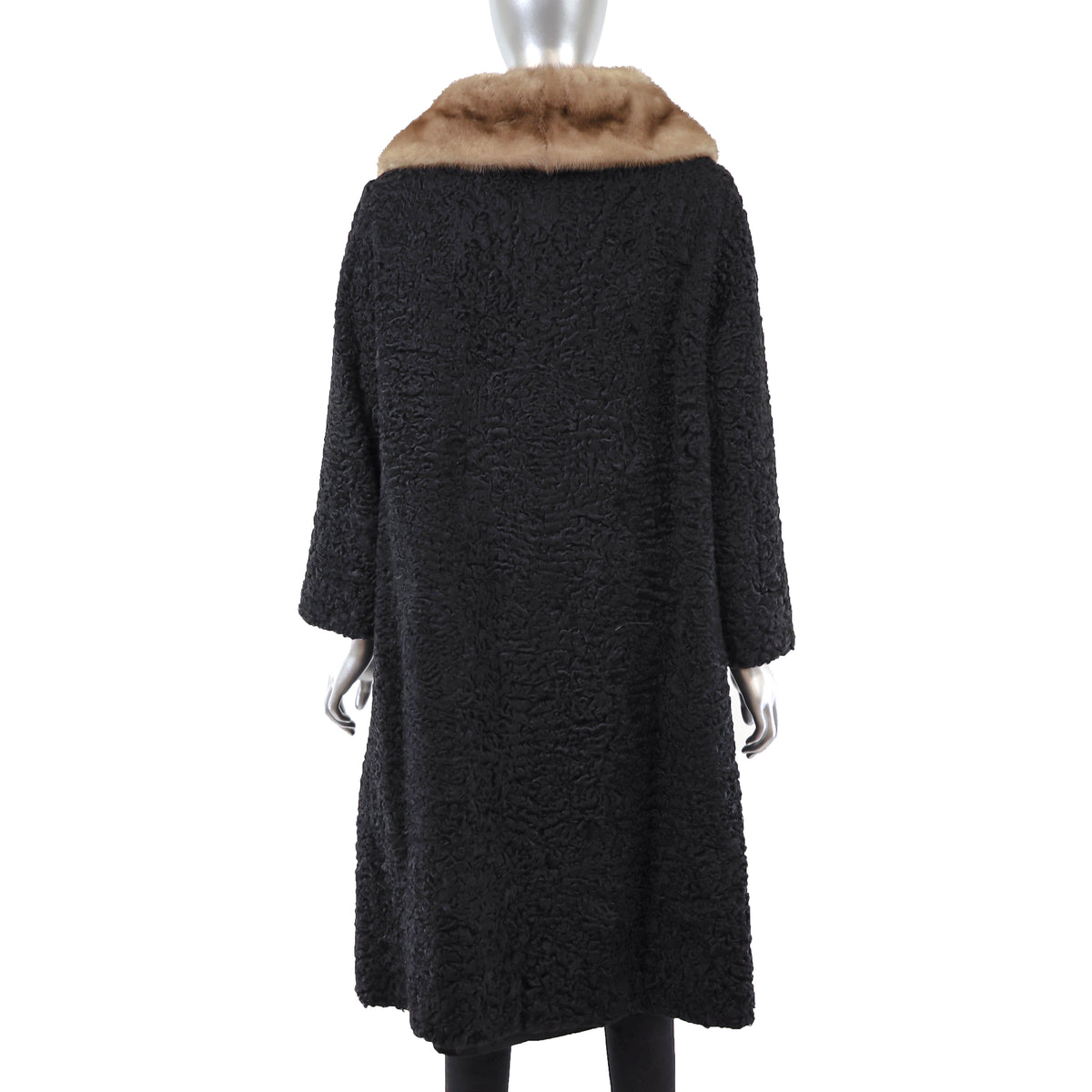 Black Persian Lamb Coat with Mink Collar- Size L