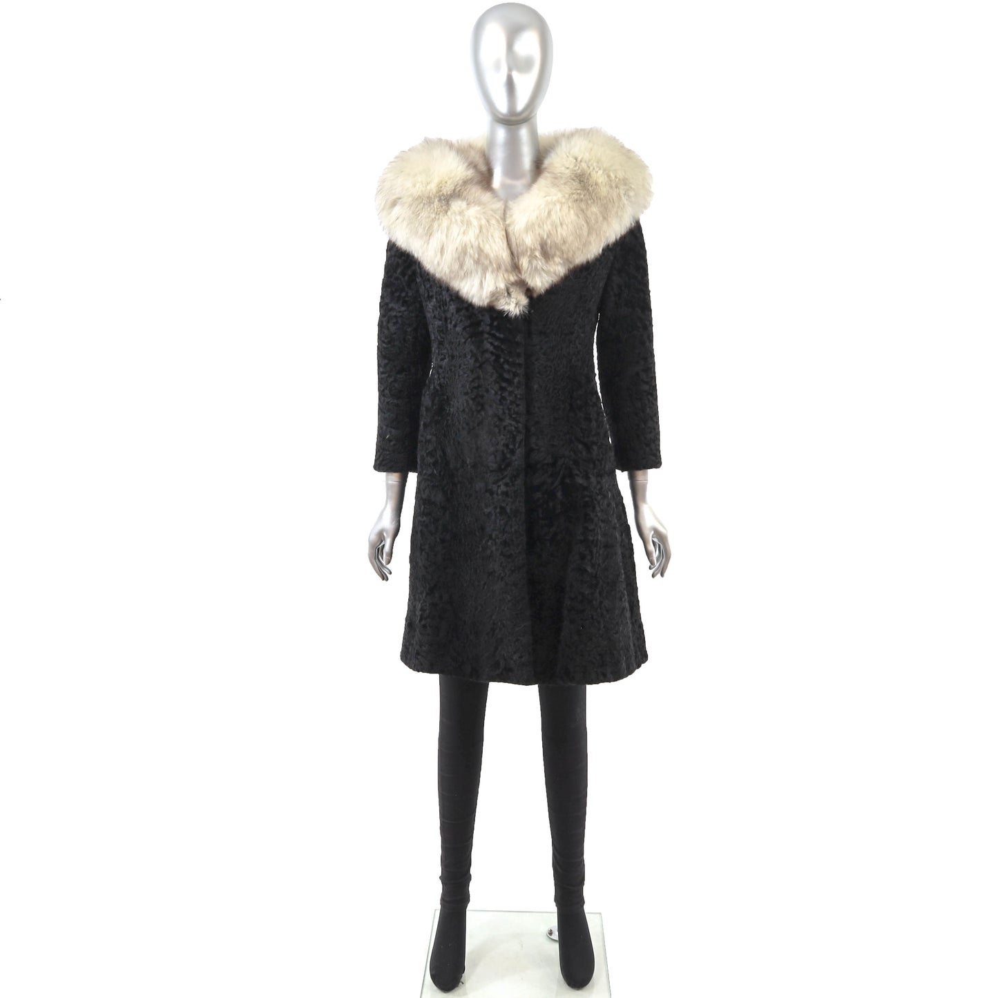 Black Lamb Coat with Fox Collar- Size XS