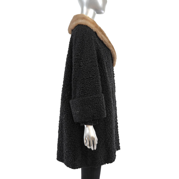 Black Persian Lamb Coat with Mink Collar- Size L