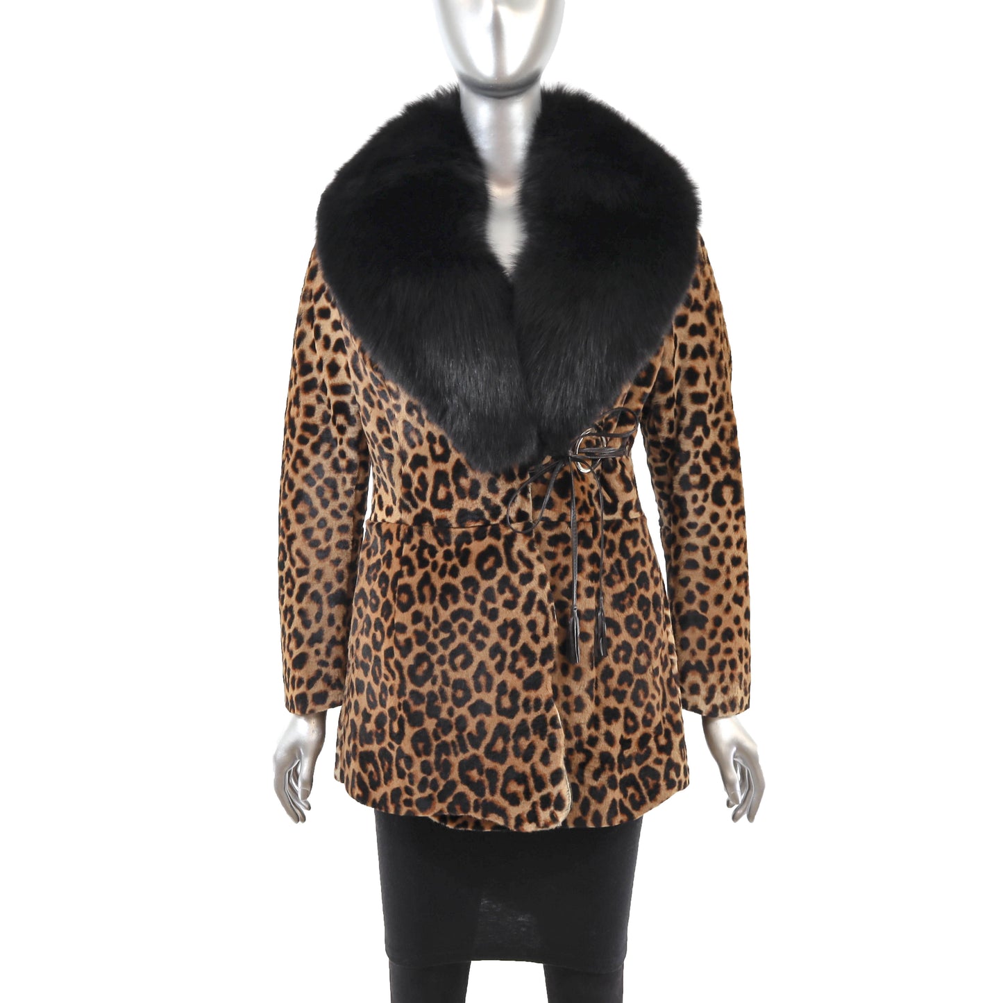 Animal Printed Lamb Jacket with Detachable Fox Collar- Size S