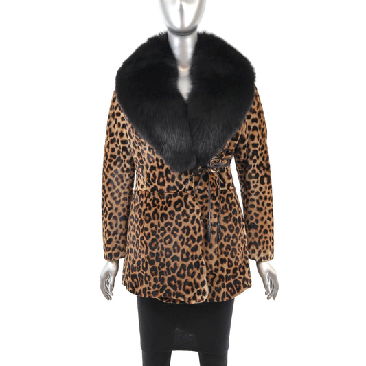 Animal Printed Lamb Jacket with Detachable Fox Collar- Size S
