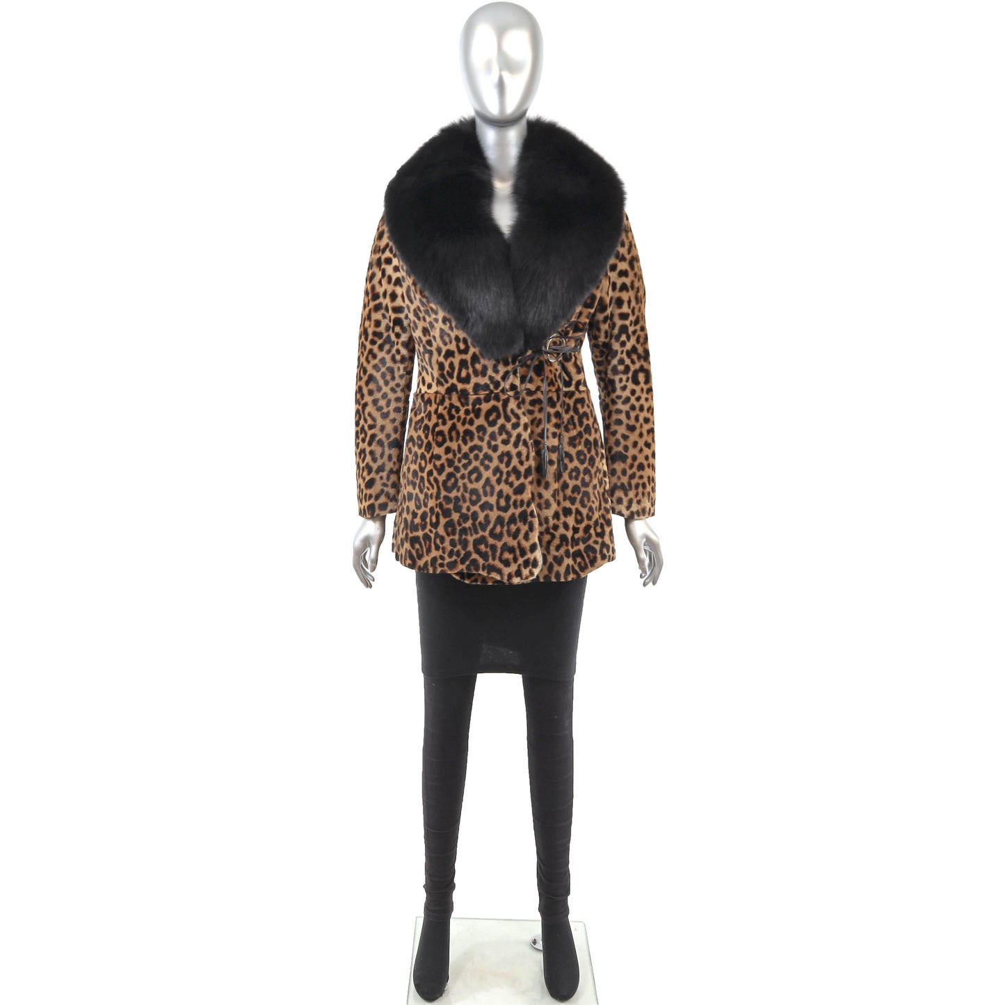 Animal Printed Lamb Jacket with Detachable Fox Collar- Size S