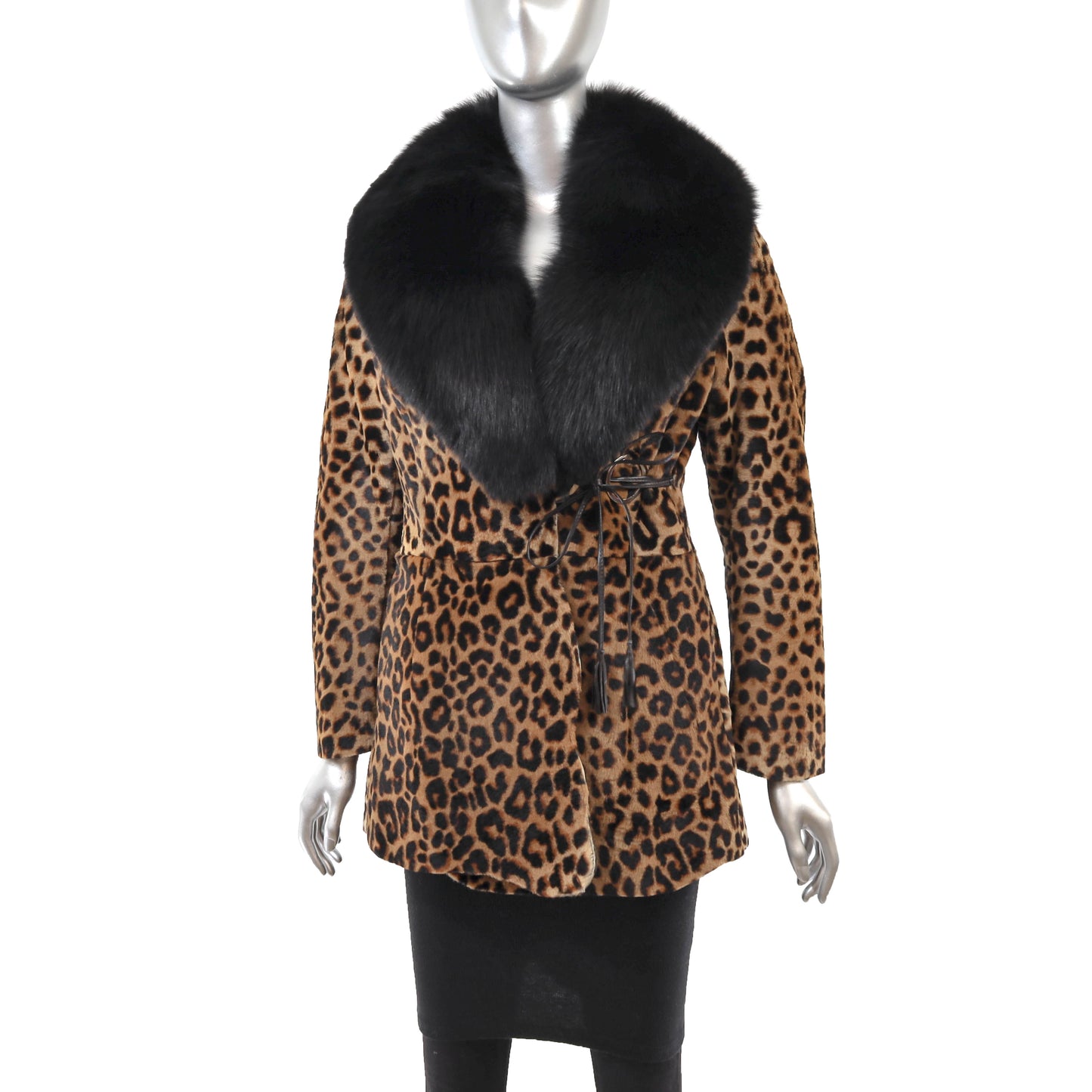Animal Printed Lamb Jacket with Detachable Fox Collar- Size S