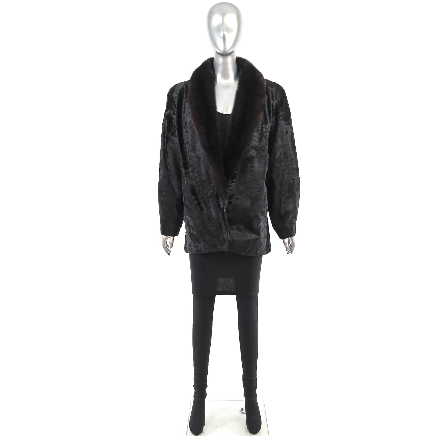 Black Swakara Lamb Jacket with Mink Collar- Size S