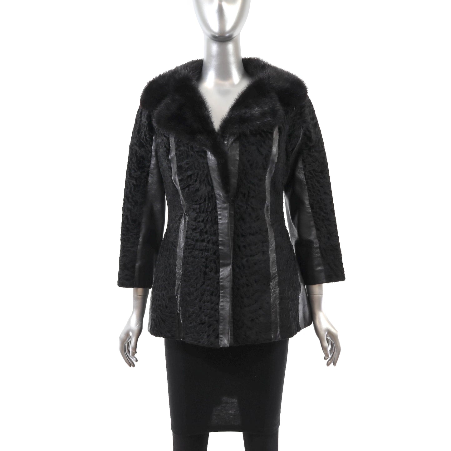 Black Lamb and Leather Jacket with Mink Collar- Size S