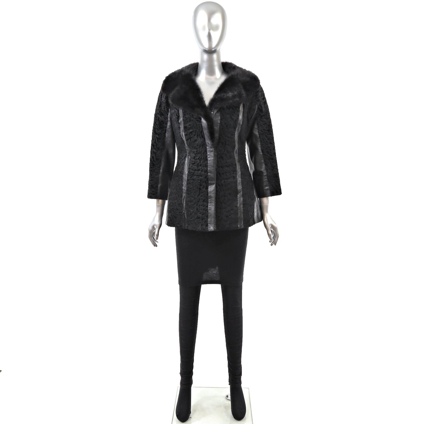 Black Lamb and Leather Jacket with Mink Collar- Size S