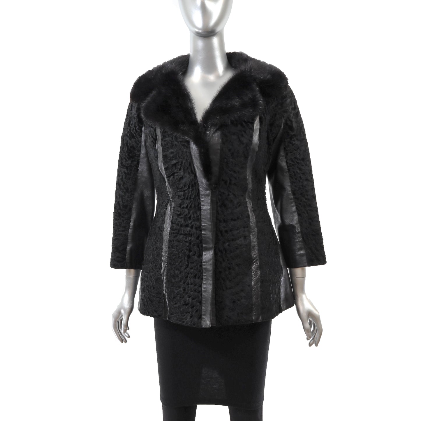 Black Lamb and Leather Jacket with Mink Collar- Size S