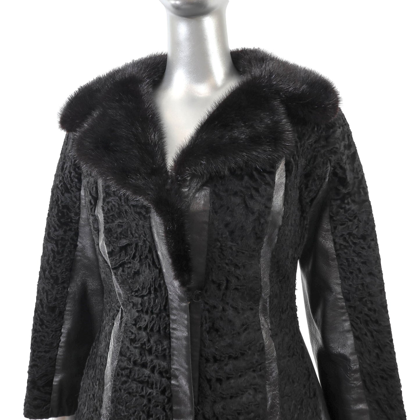 Black Lamb and Leather Jacket with Mink Collar- Size S