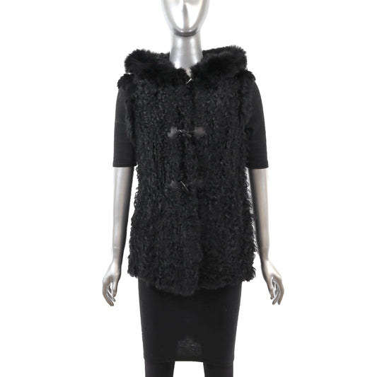 Black Hooded Knitted Lamb and Rabbit Vest- Size S