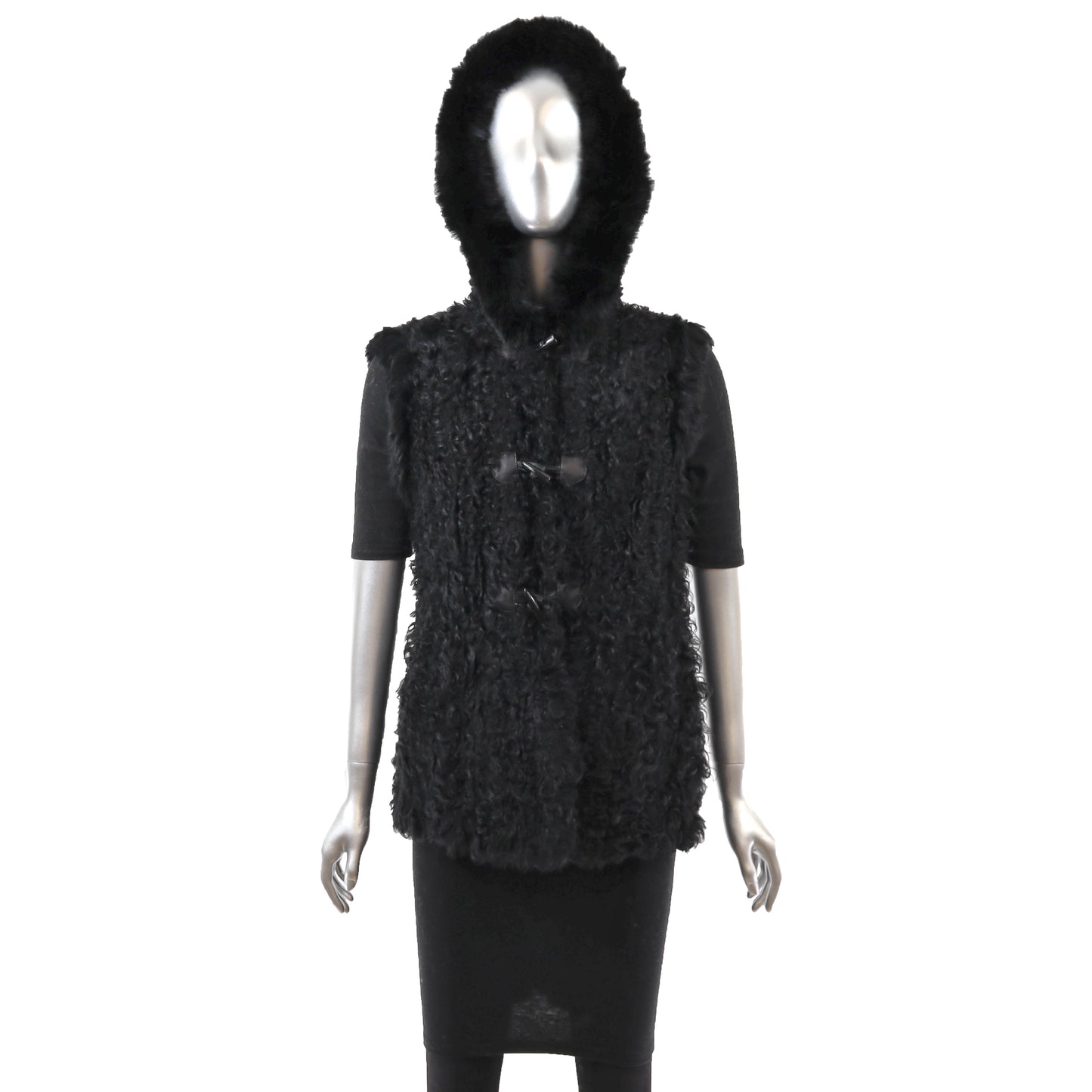 Black Hooded Knitted Lamb and Rabbit Vest- Size S
