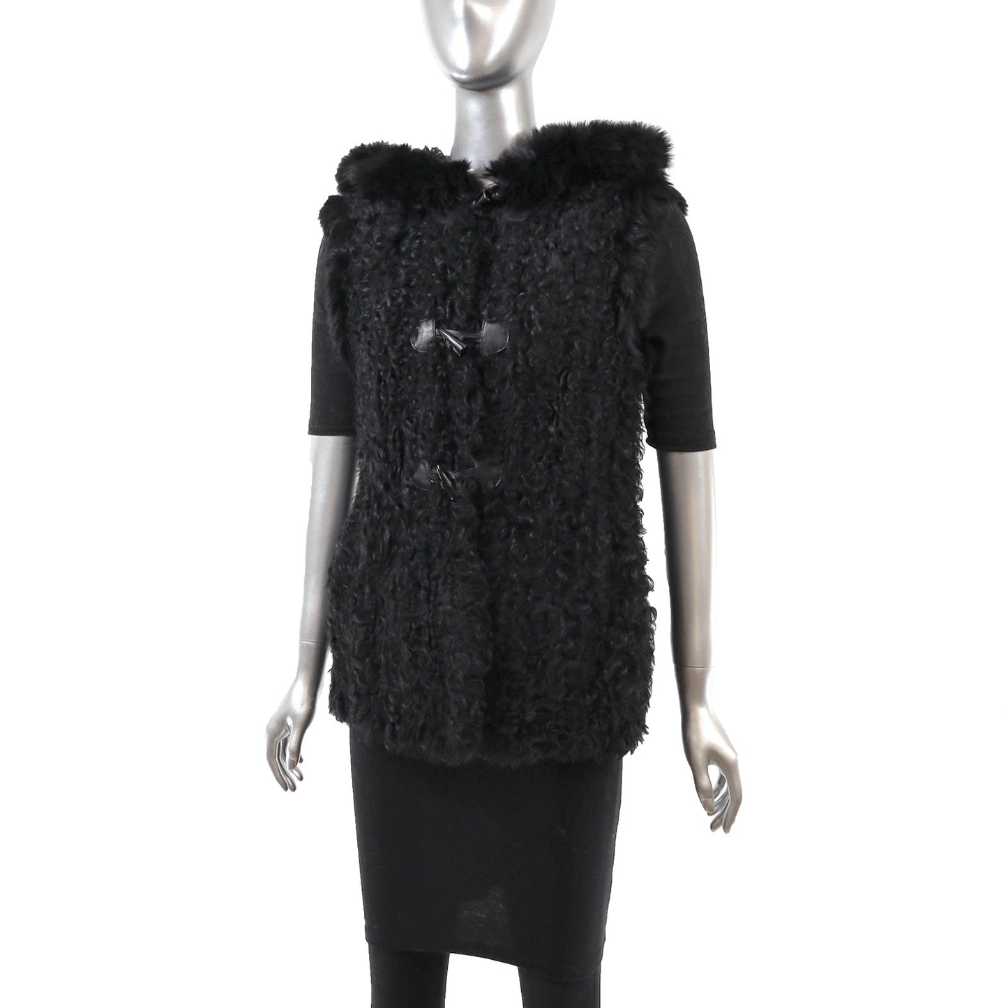 Black Hooded Knitted Lamb and Rabbit Vest- Size S