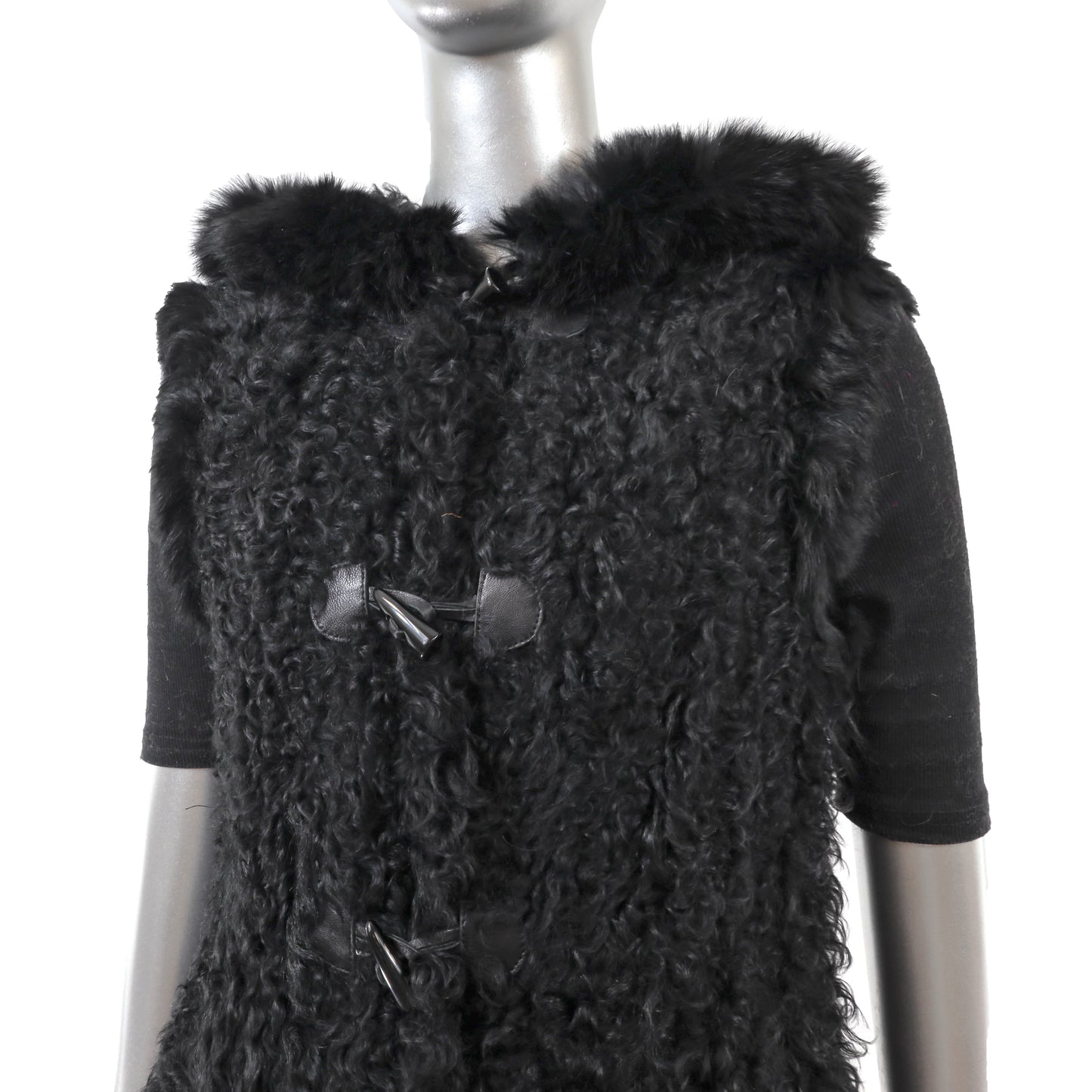 Black Hooded Knitted Lamb and Rabbit Vest- Size S