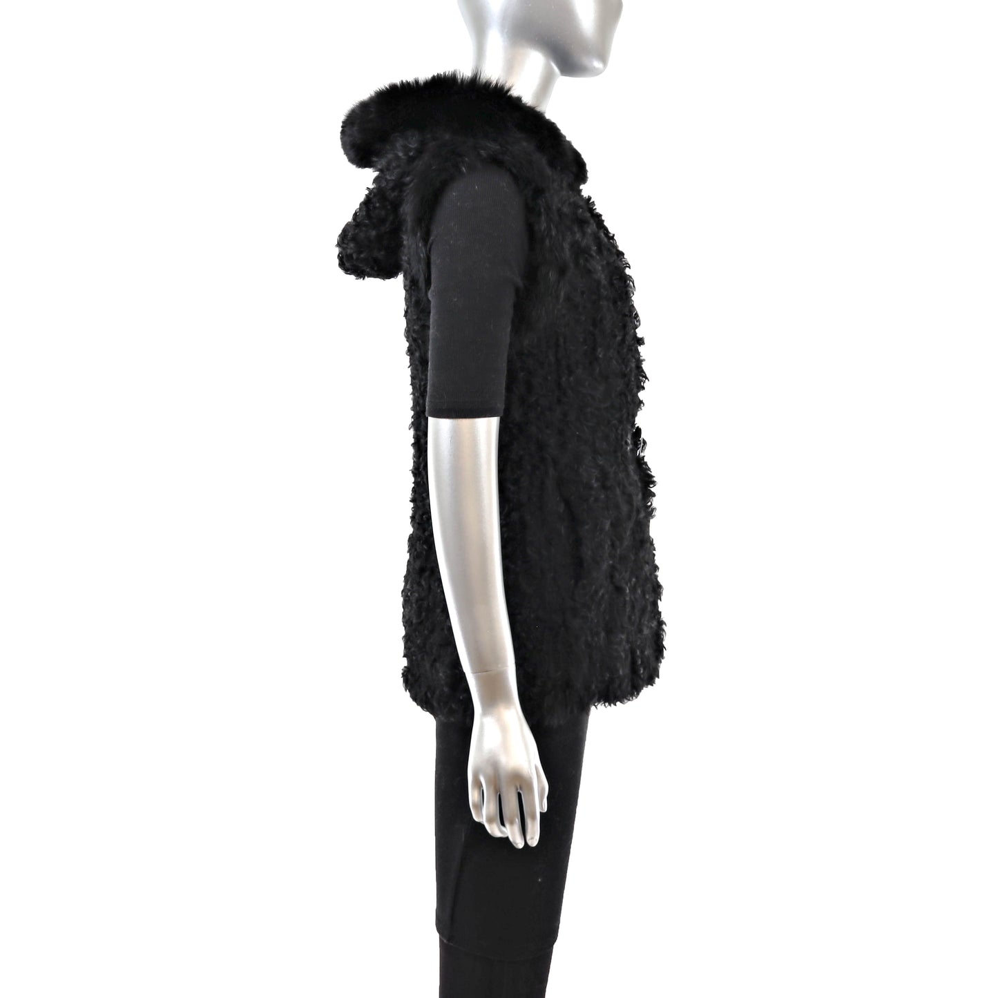 Black Hooded Knitted Lamb and Rabbit Vest- Size S