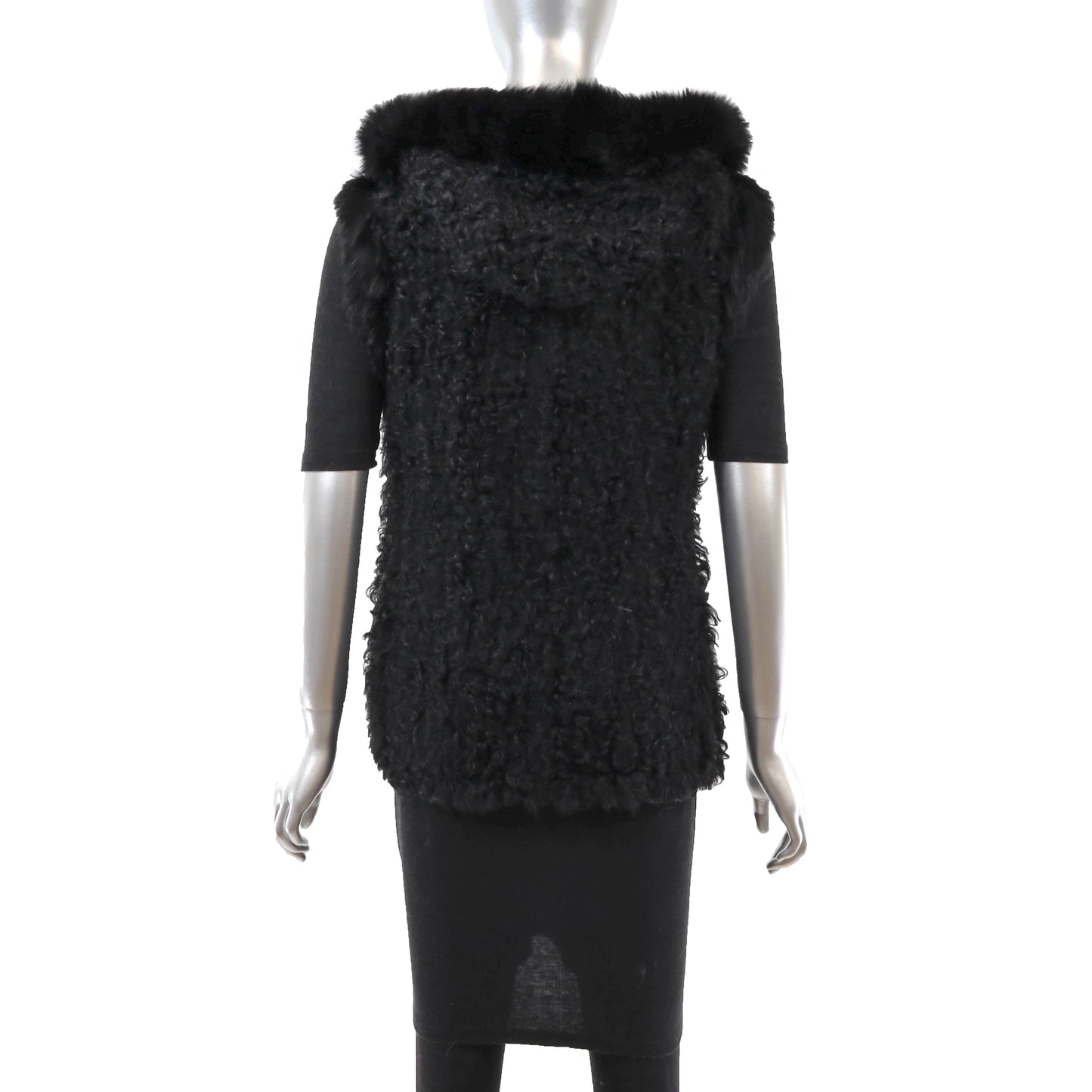 Black Hooded Knitted Lamb and Rabbit Vest- Size S