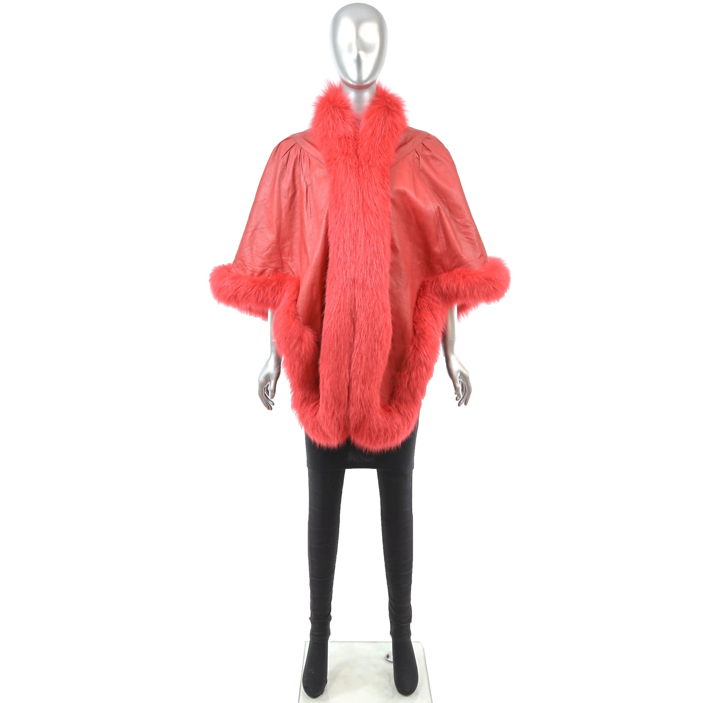 Red Leather Cape with Fox Trim- Size Free