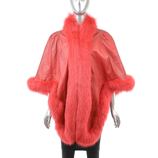 Red Leather Cape with Fox Trim- Size Free