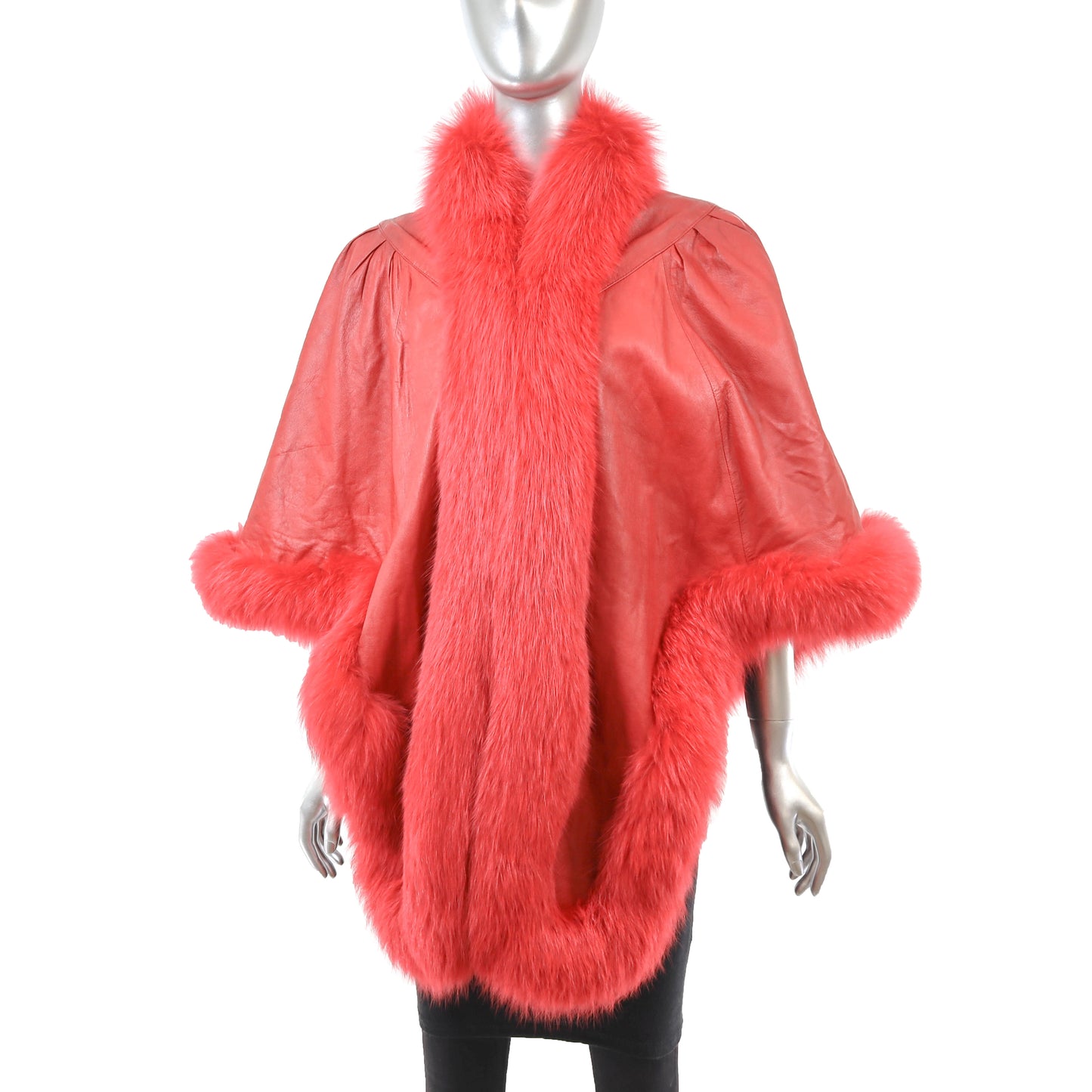 Red Leather Cape with Fox Trim- Size Free