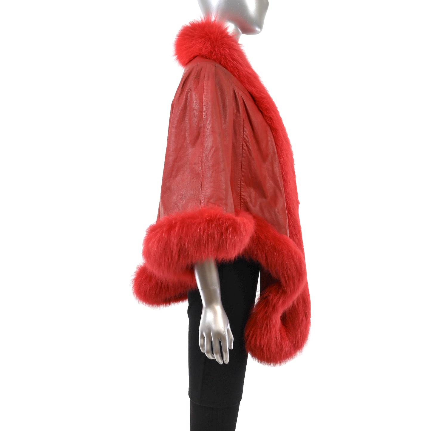 Red Leather Cape with Fox Trim- Size Free
