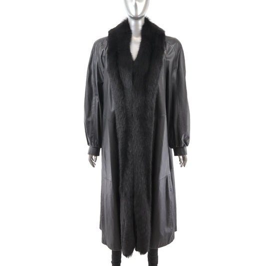 Black Leather Coat with Fox Tuxedo- Size M