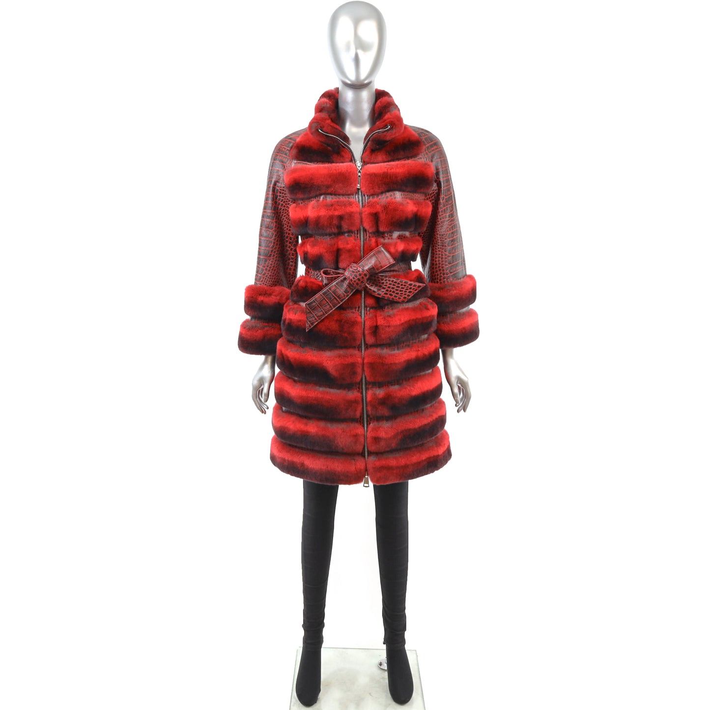Red Leather Coat with Rex Rabbit- Size S-M