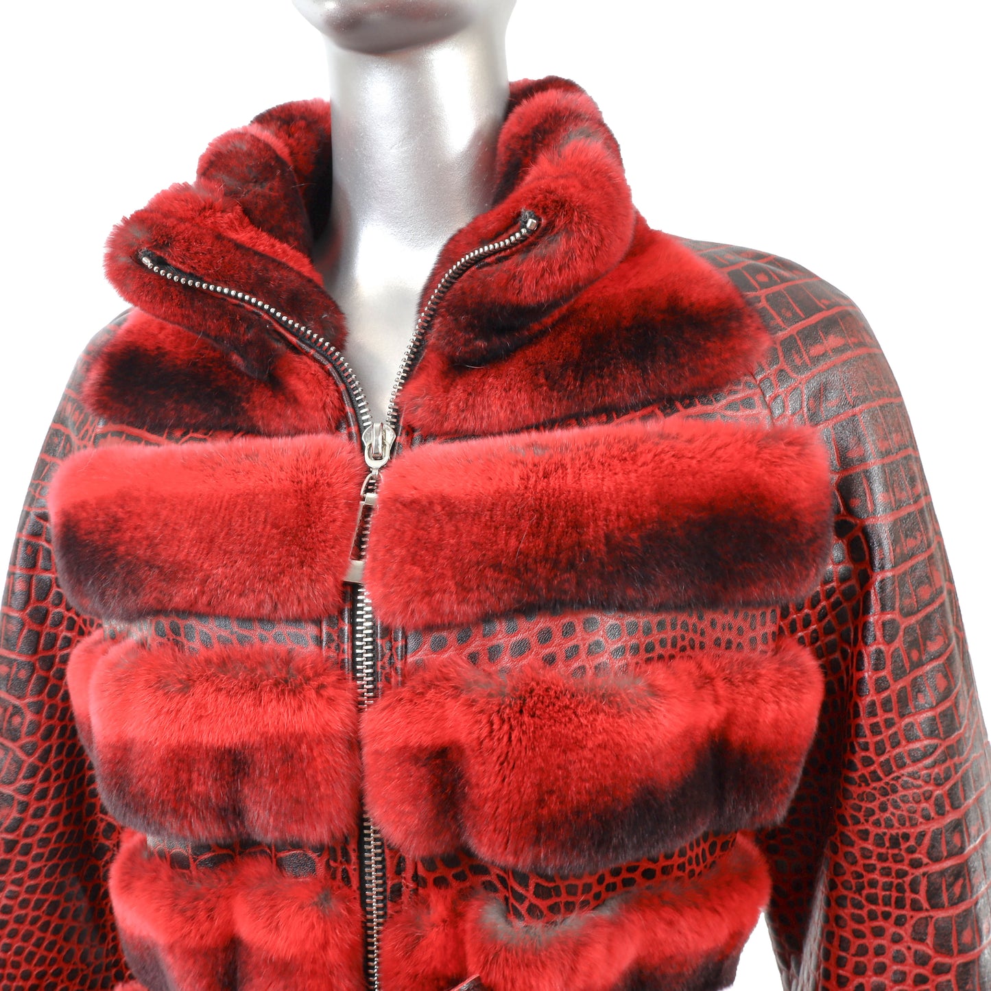 Red Leather Coat with Rex Rabbit- Size S-M