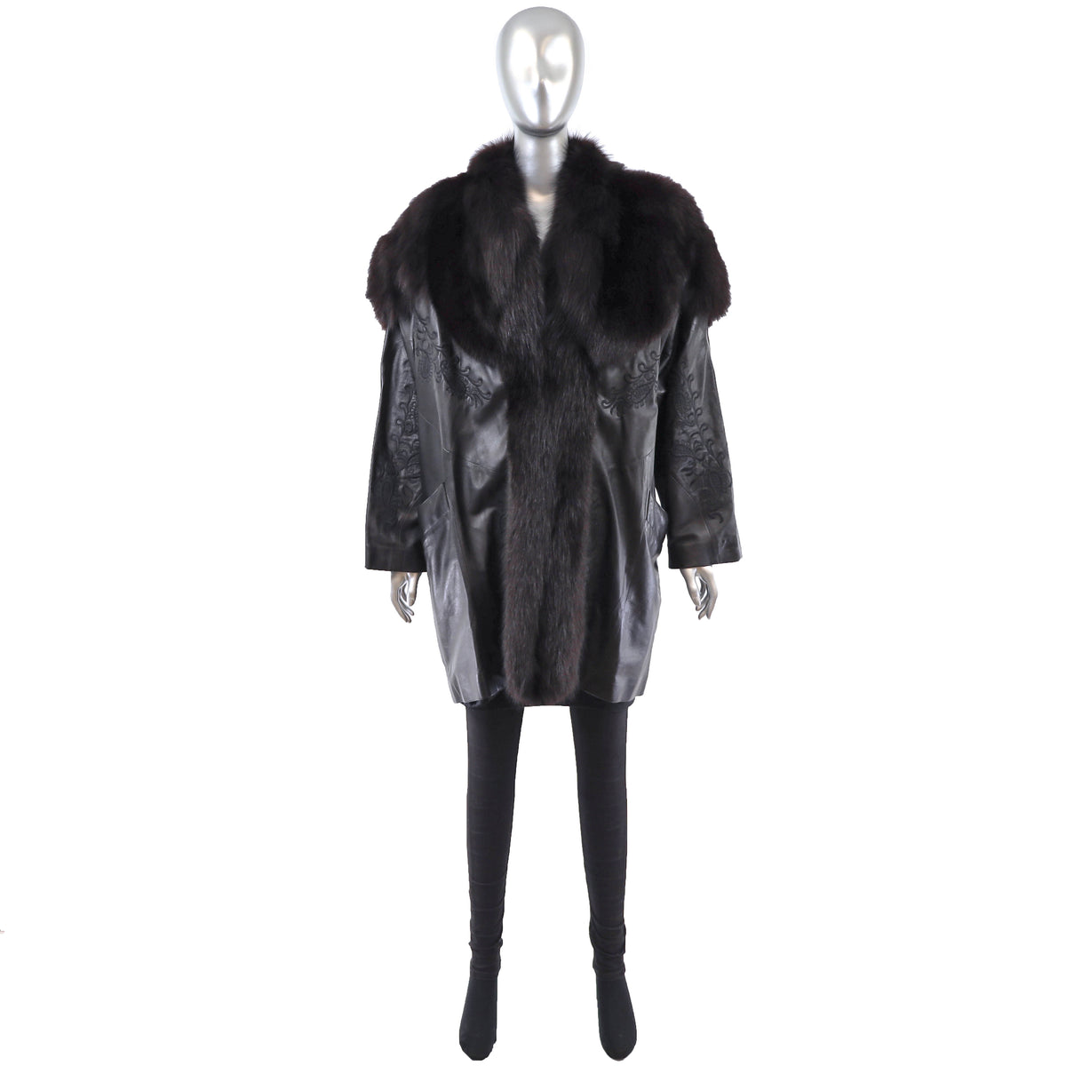 Black Leather Jacket with Fox Trim- Size XXL-XXXL